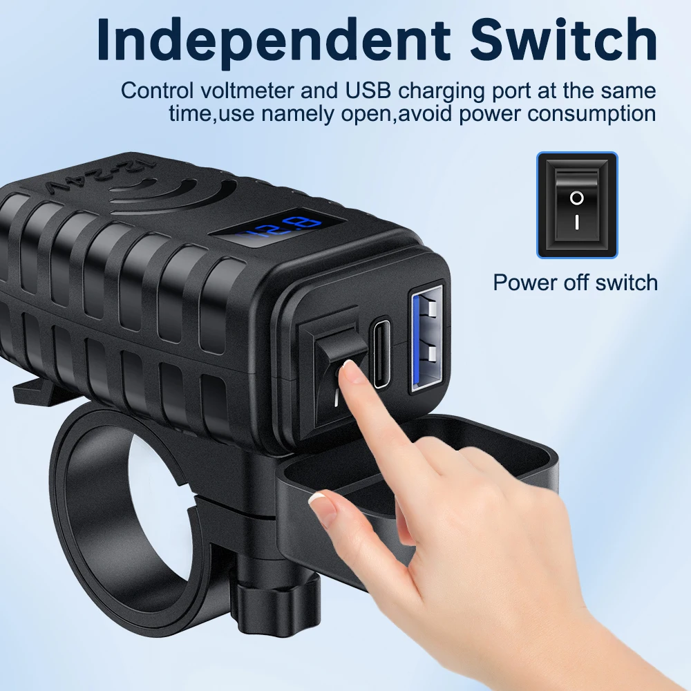 Cargador USB para motocicleta Anchtek 48W QC3.0 y PD Quick Charge 3,0 cargador de teléfono USB tipo C para motocicleta con voltímetro y interruptor de encendido/apagado