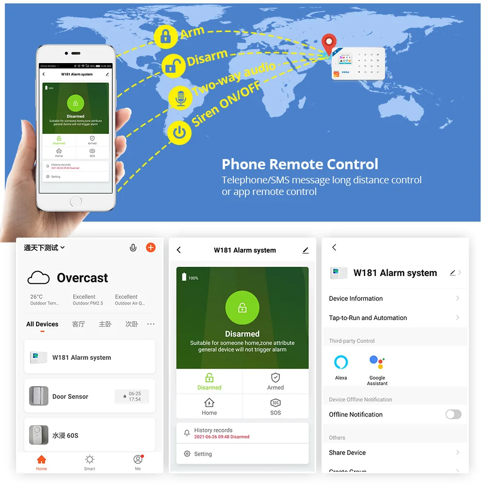 KERUI W181 ระบบรักษาความปลอดภัยบ้าน WIFI GSM Tuya สมาร์ท Motion Detector เซ็นเซอร์ประตูกันขโมย IP กล้องทํางาน Alexa Google