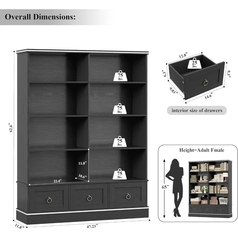Farmhouse Bookshelf and Bookcase, 47" Wide Bookcase with Drawers, 5 Tier Book Shelves with Storage, Large Display Shelve