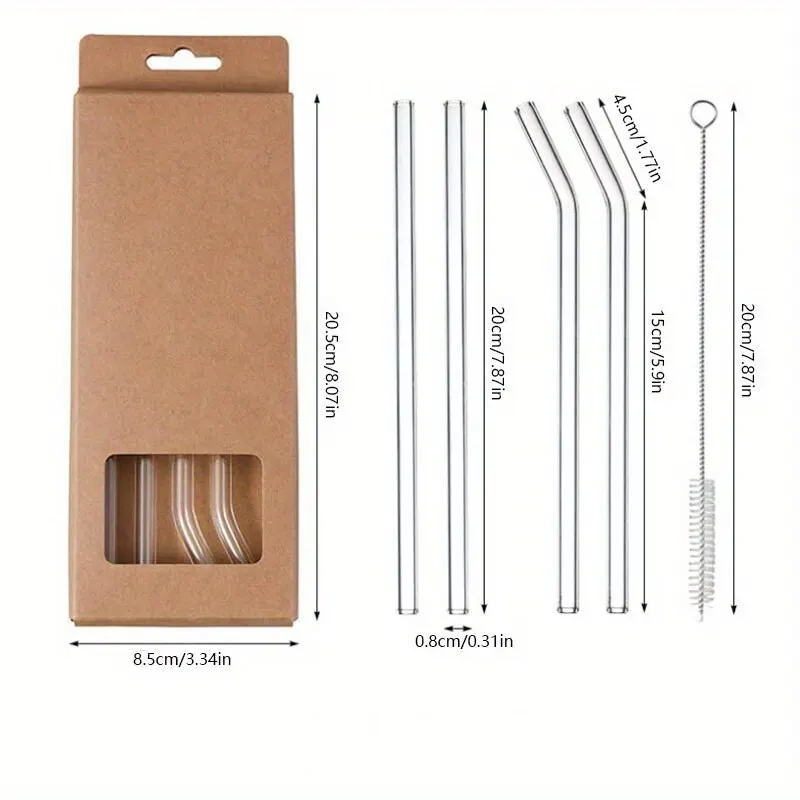 1set hittebestendige glazen rietjes met borstelset van 5-herbruikbaar en wasbaar, perfect voor smoothies, milkshakes, thee, sap