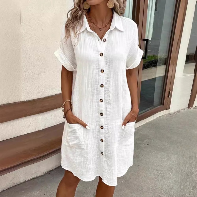 Robe boutonnée à col en V minimaliste pour femmes, coton, lin, blanc, manches courtes, poche, décontracté, chemise, été, mode