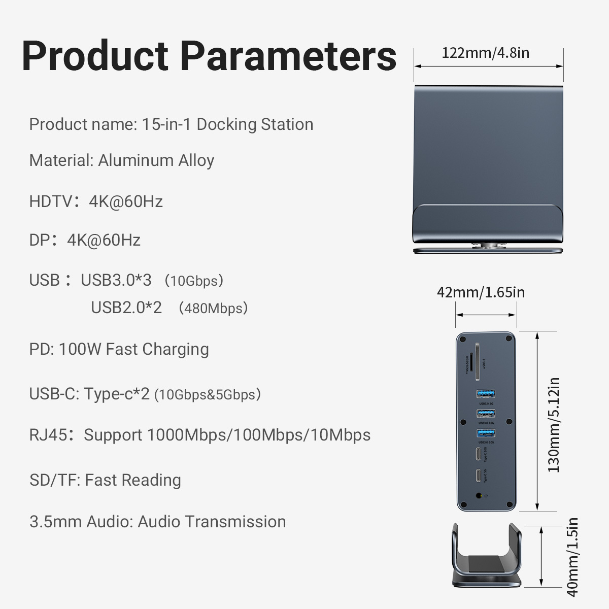 15 In 1 USB-C Docking Station，Type-C 4K60Hz HUB With HDTV*2+PD 100W+USB 2.0/3.0+SD+TF+RJ45 Ethernet+3.5 mm Audio+VGA For Laptop