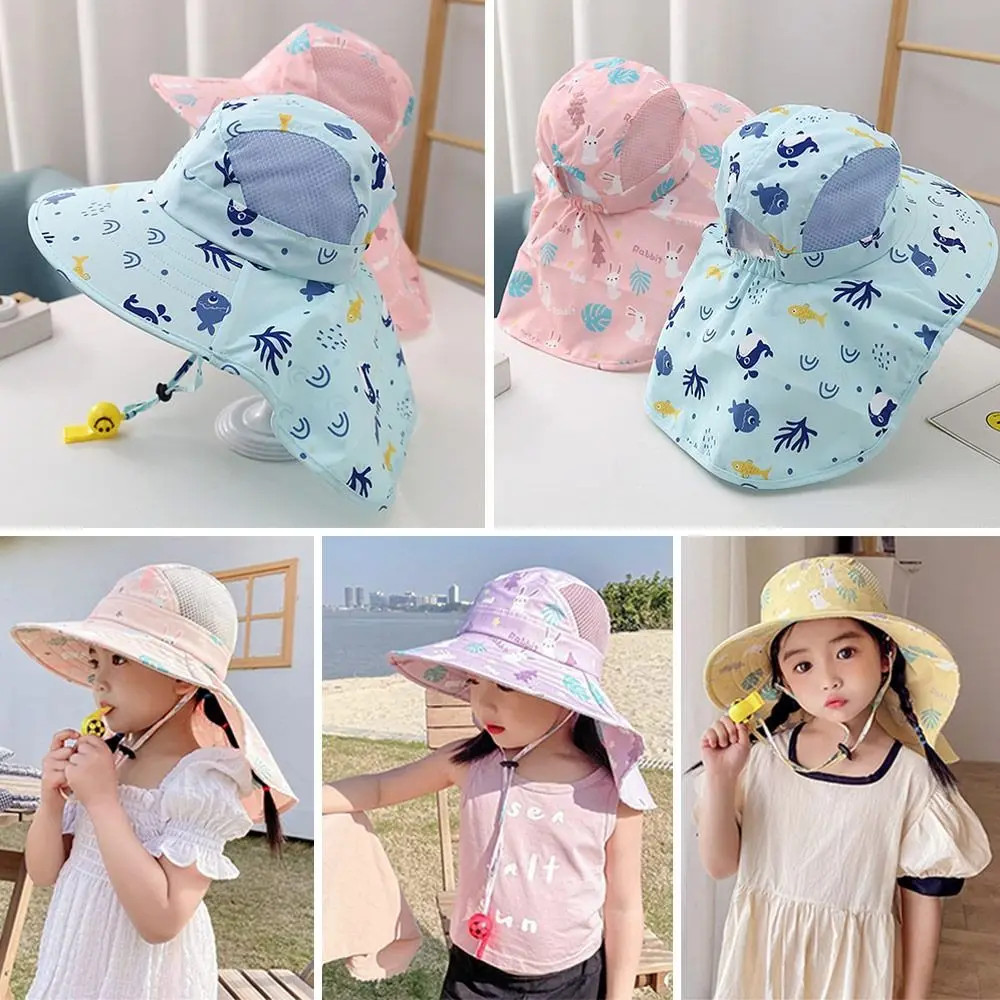 Anti UV crianças verão bebê chapéu de sol balde com apito para meninas meninos ao ar livre pescoço orelha capa praia boné