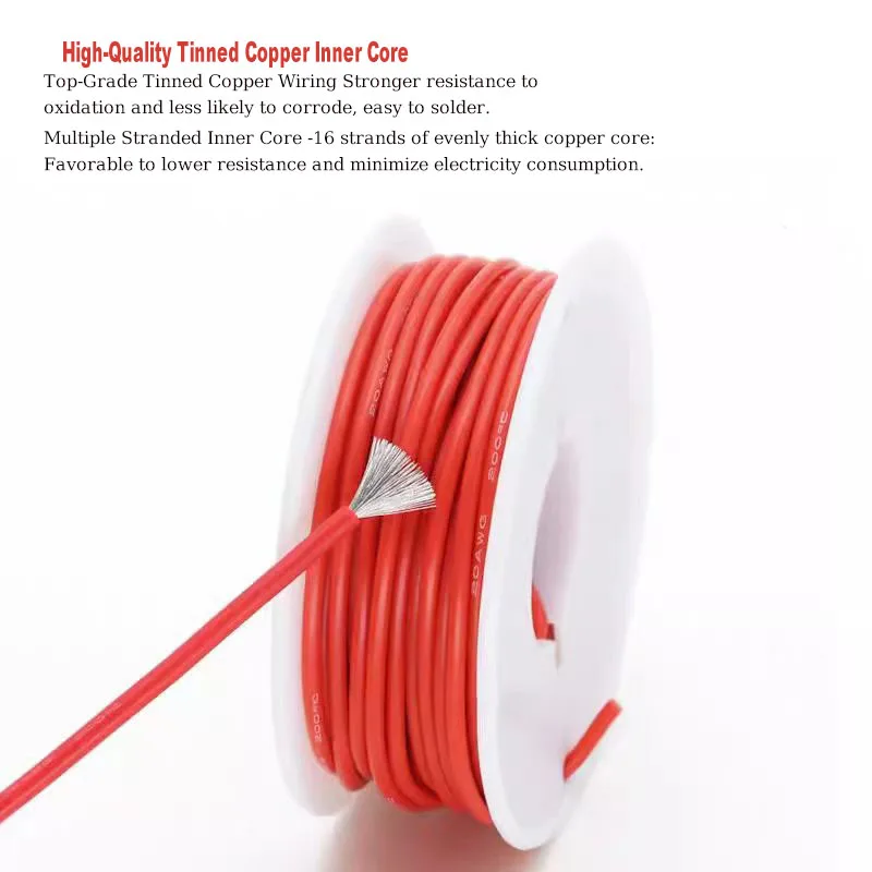 Cable de silicona resistente a altas temperaturas de cobre estañado suave con carrete para electricidad/coche, 16/17/18/20/22/24/26/28/30 AWG