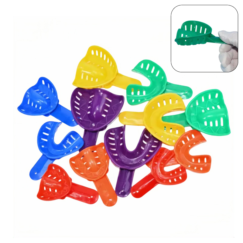 12pçs bandejas de impressão dentária, plástico descartável, suporte colorido para dentes, materiais para adultos e crianças, ferramentas de cuidados bucais
