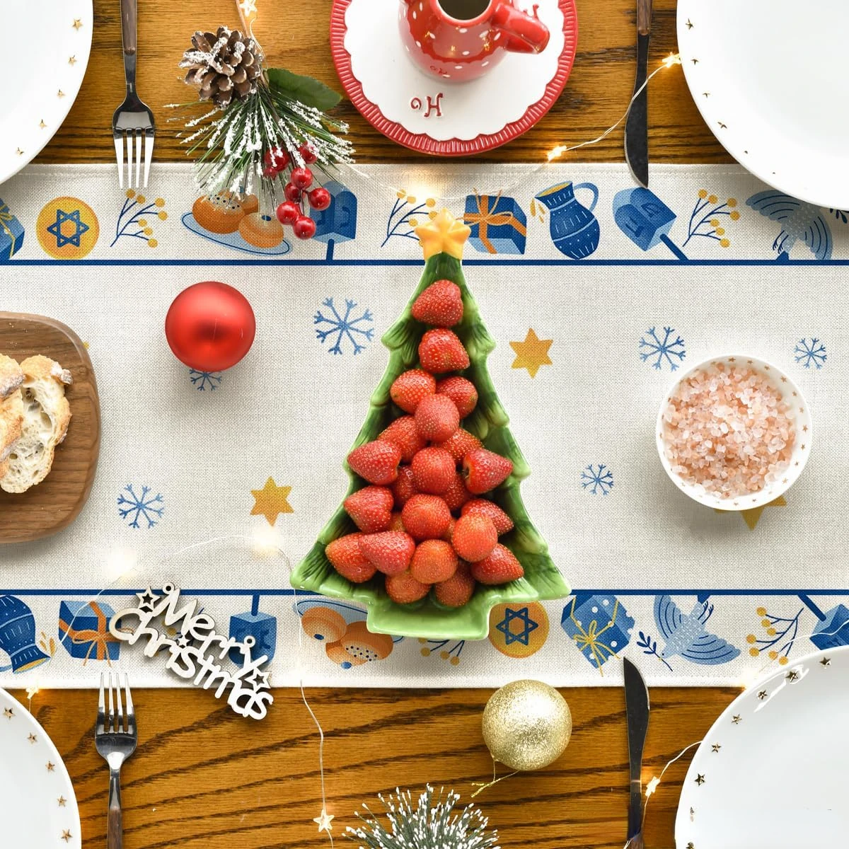 Camino de mesa de lino Happy Hanukkah Menorah, bufandas de tocador, camino de mesa de comedor de cocina Chanukah reutilizable, decoración para fiestas navideñas