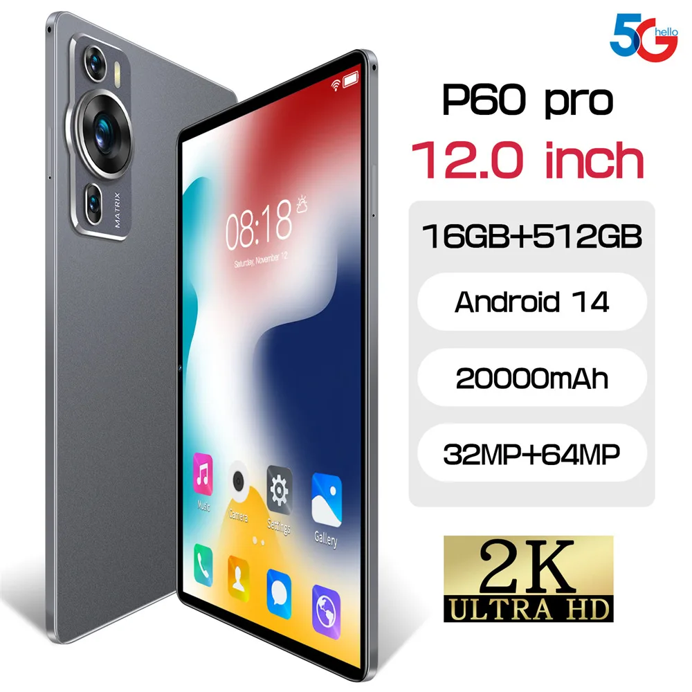 Nieuwe P60PRO Tabletten 12 inch Volledig Scherm Android Tab 20000 mAh 5G Dual SIM Global Versie 16 GB + 1 TB WIFI HD Tablet PC Met toetsenbord