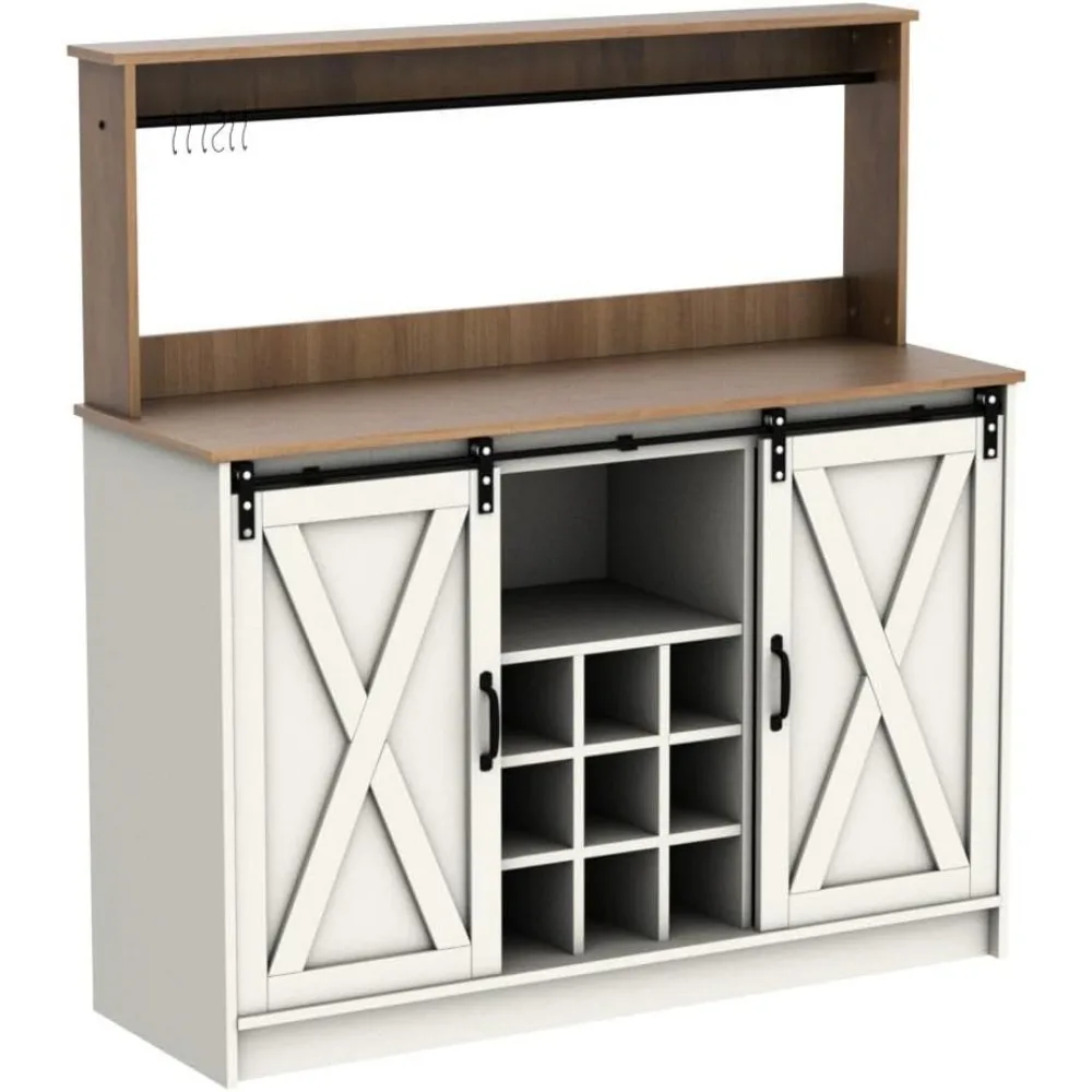 Bar bar cabinet with storage space with 6 hooks, white bar bar table with sliding barn door and adjustable living room shelf