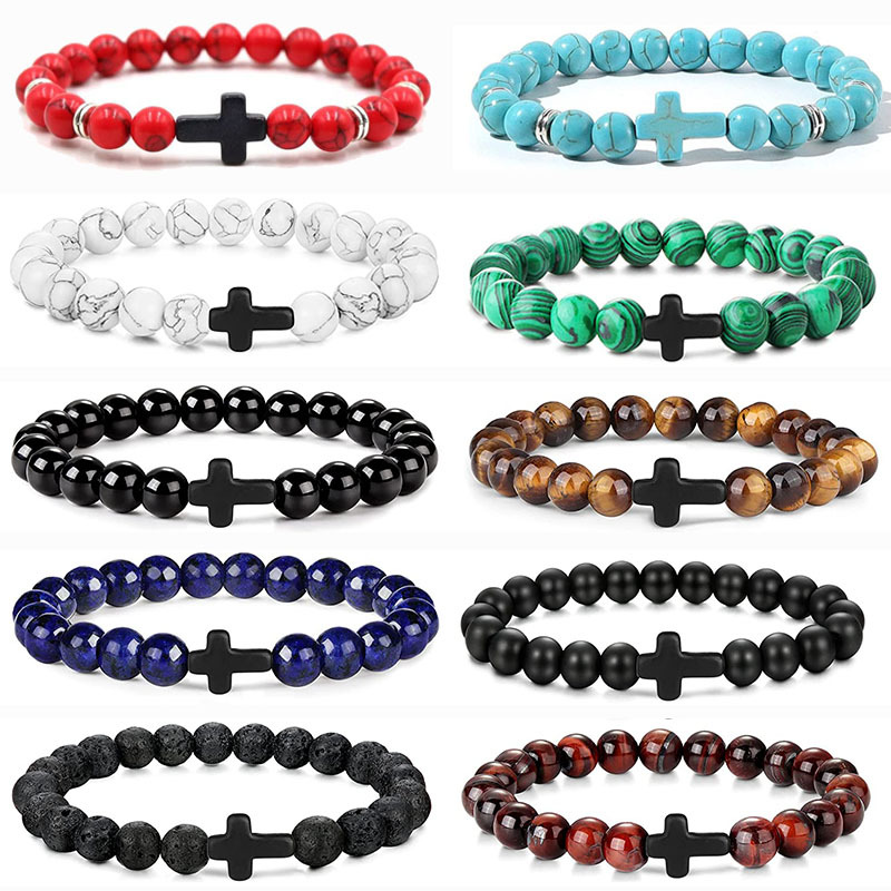 Oración hombres cuentas de madera de piedra Natural Rosario hematita pulseras cruzadas Onyx Pulsera de meditación mujeres joyería de Yoga Homme Pulsera