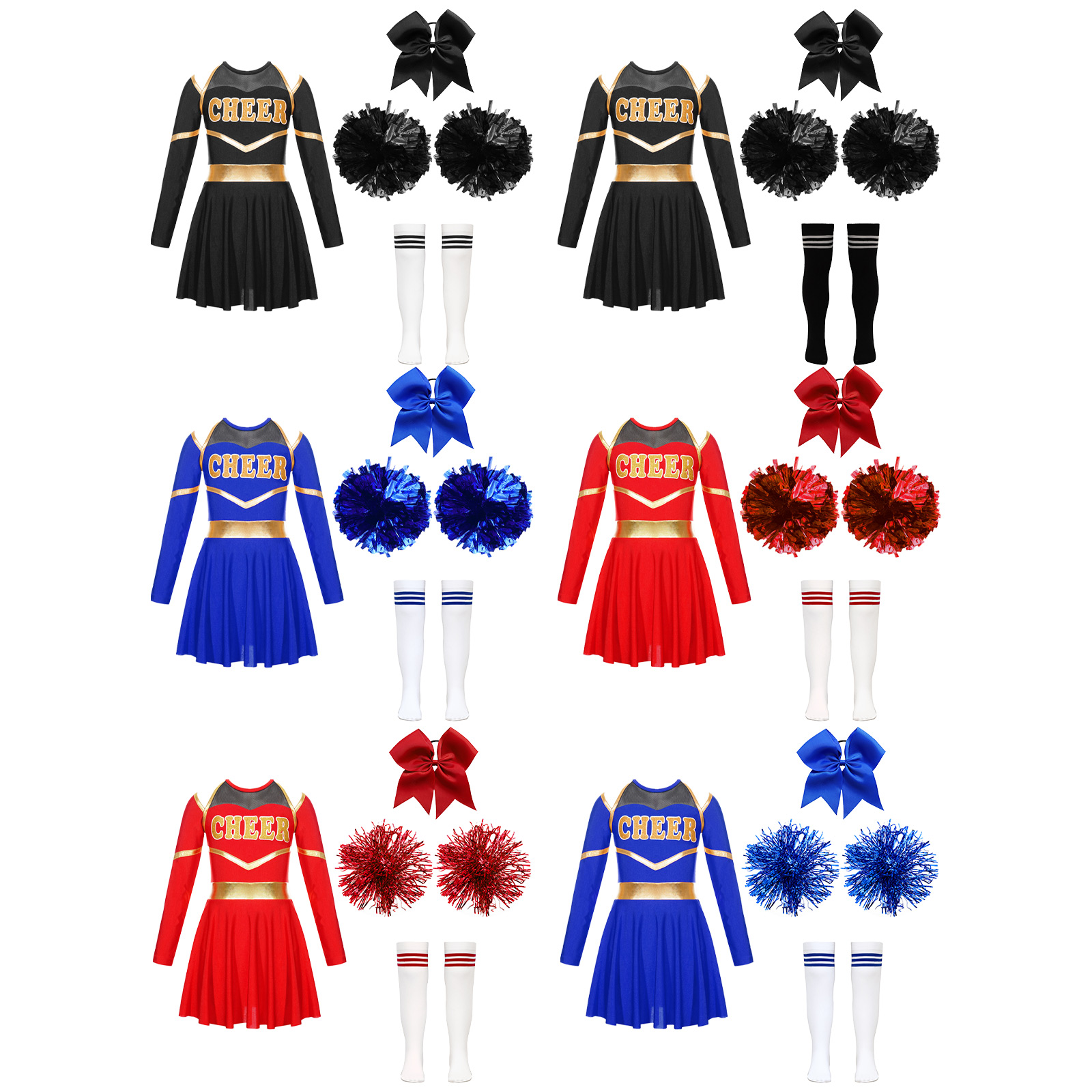 Disfraces de porristas para niñas, uniforme, vestido de baile de manga larga con flores de mano, calcetines a rayas para puesta en escena