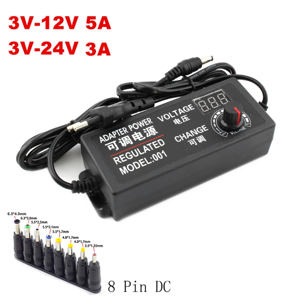 Fuente de alimentación ajustable de CA a CC, 3V, 5V, 6V, 9V, 12V, 15V, 18V, 24V, 3A, 5A, adaptador Universal de 8 pines DC 48W 60W 72W
