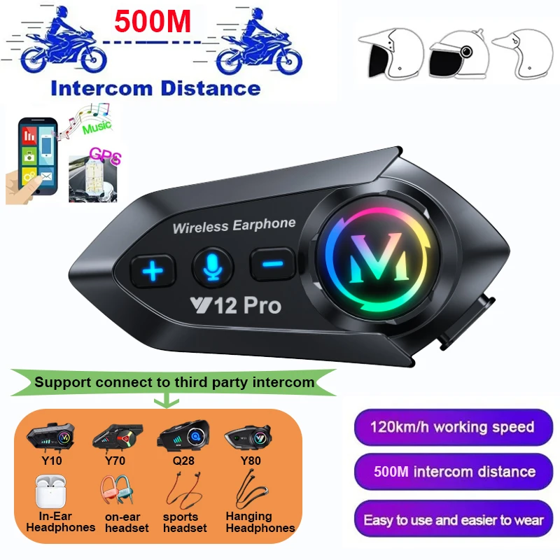 Y12 pro capacete da motocicleta interfone bluetooth 5.4 fone de ouvido à prova dwaterproof água 500m intercomunicador alto-falante sem fio handsfree interfone