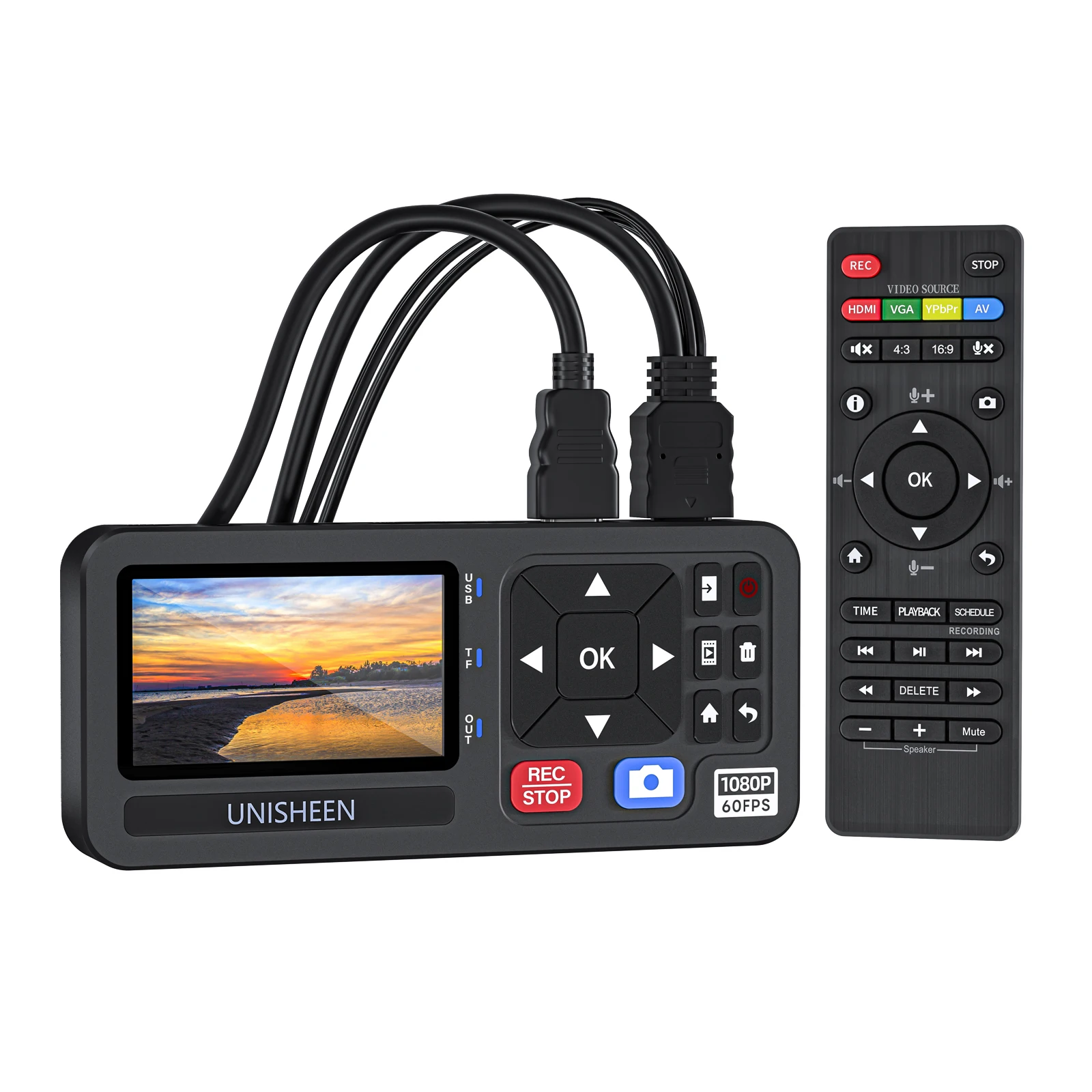 UNISHEEN HD Video Capture Box 1080P Convertidor de vídeo a digital con pantalla de 3", entradas 4K HDMI/CVBS/VGA/YPBPR Grabador de vídeo