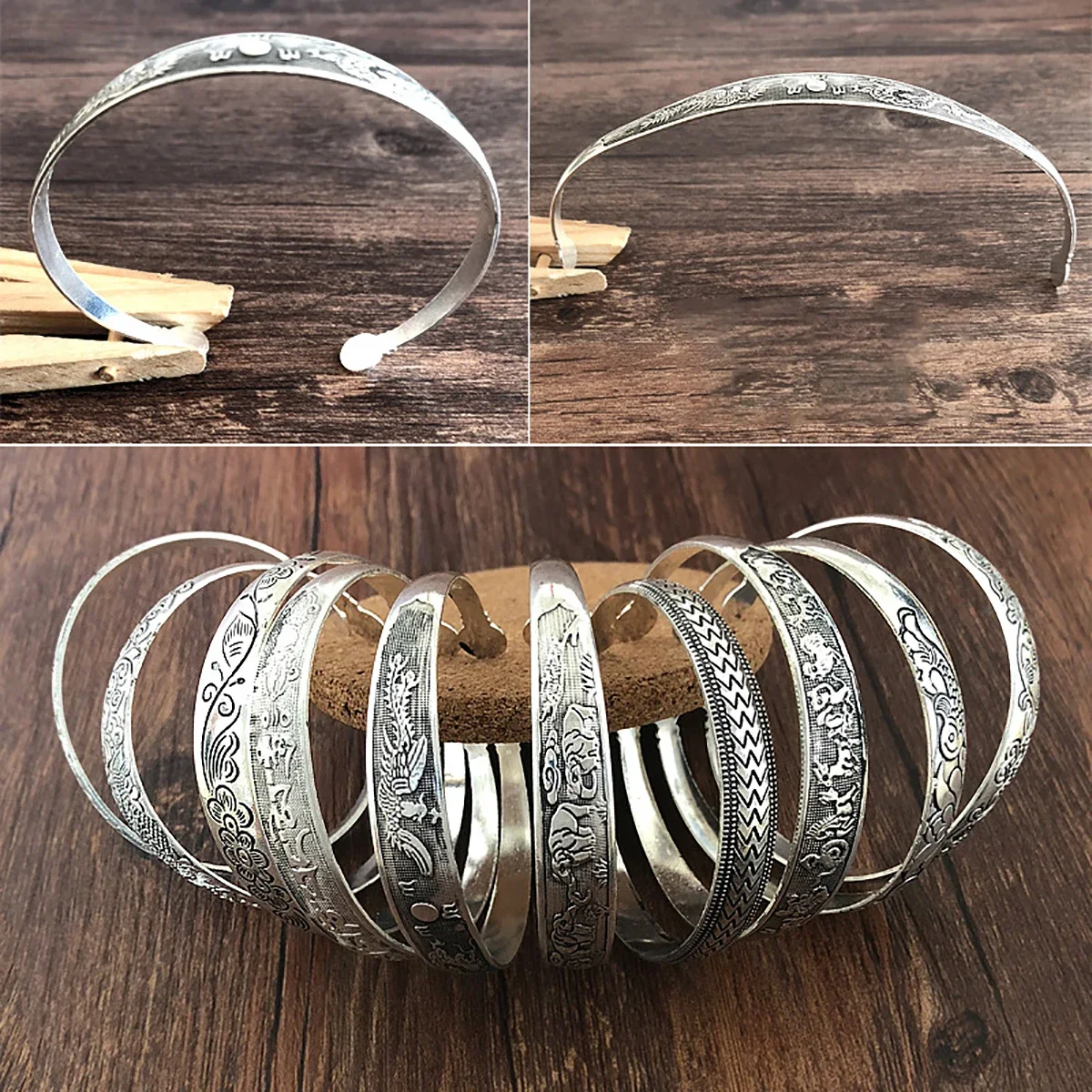 Nuovi braccialetti retrò Argento tibetano Intaglio di metallo Pesce Elefante Braccialetti di fiori Gioielli zingari vintage Regali femminili