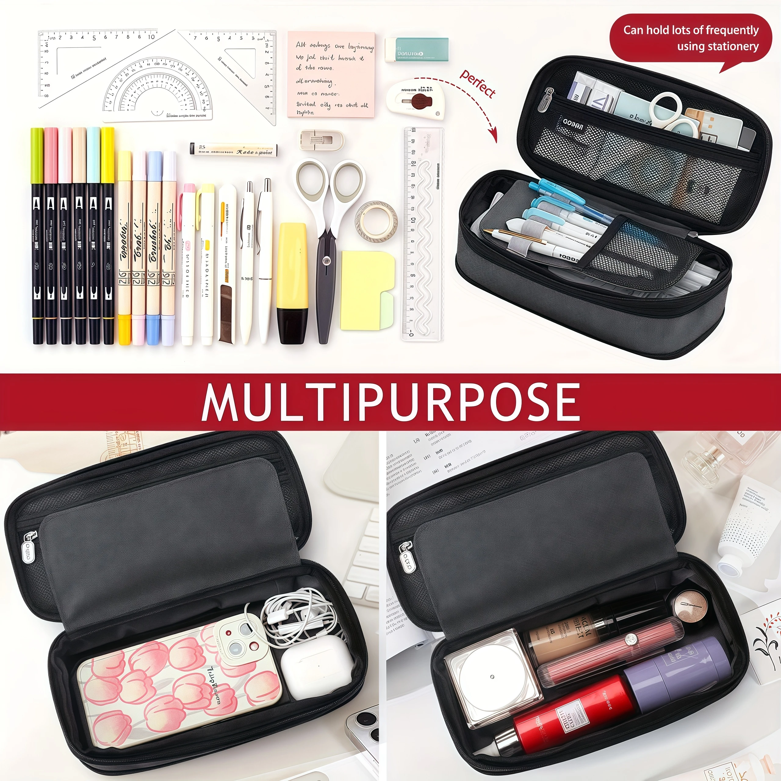 Multi-functional double-layer canvas pencil bag, large capacity portable waterproof stationery bag, essential school supplies
