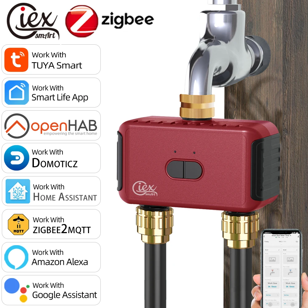 WiFi и Zigbee Умный Таймер Полива на 2 Зоны для Сада, Автоматическая Система Орошения, Контроллер Капельного Полива и Спринклера, Клапан Tuya 2MQTT ZHA