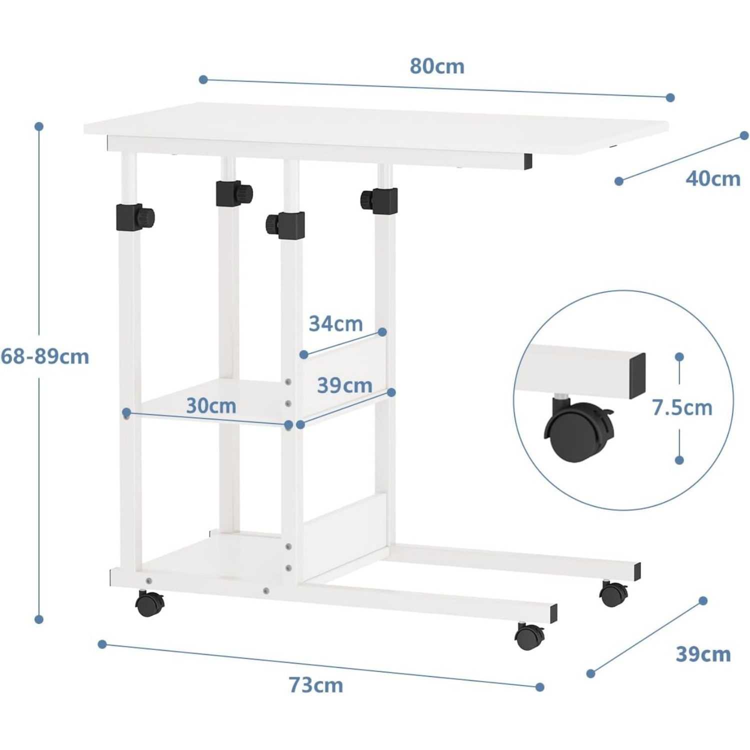 C Shaped Side Table, Sofa Couch Bed End Table, Height Adjustable Mobile Rolling Laptop table with 2 Tiers Storage Shelves