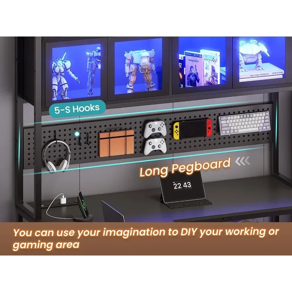 L Shaped Gaming Desk with Drawers, L Shaped Computer Desk with Hutch and Storage Shelves, Gaming Desk with Pegboard, Led