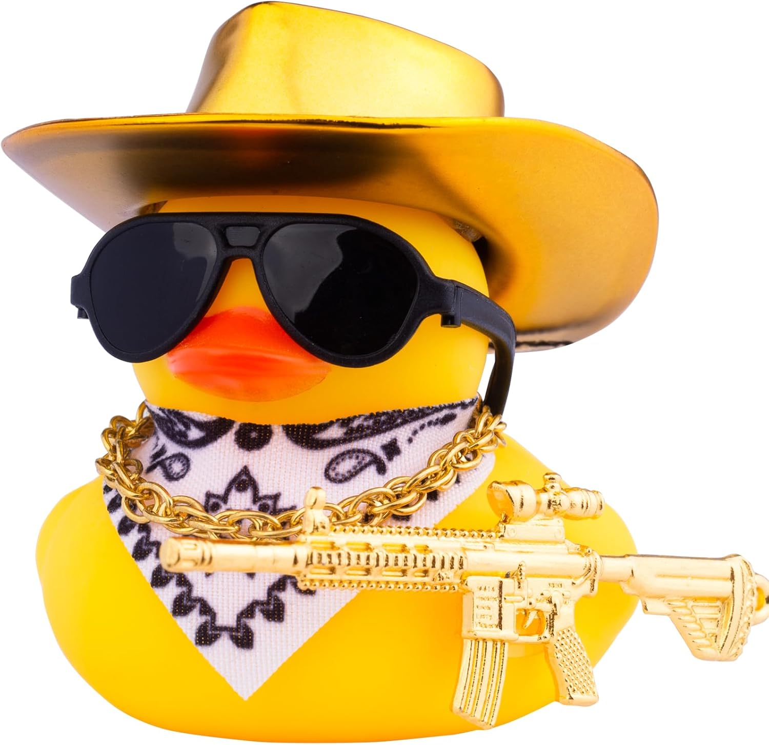 Cowboy Duck with Guns Car Dashboard Decorations Rubber Duck Car Ornaments with Cool Accessories Mini Swim Ring Sun Hat Sunglasse
