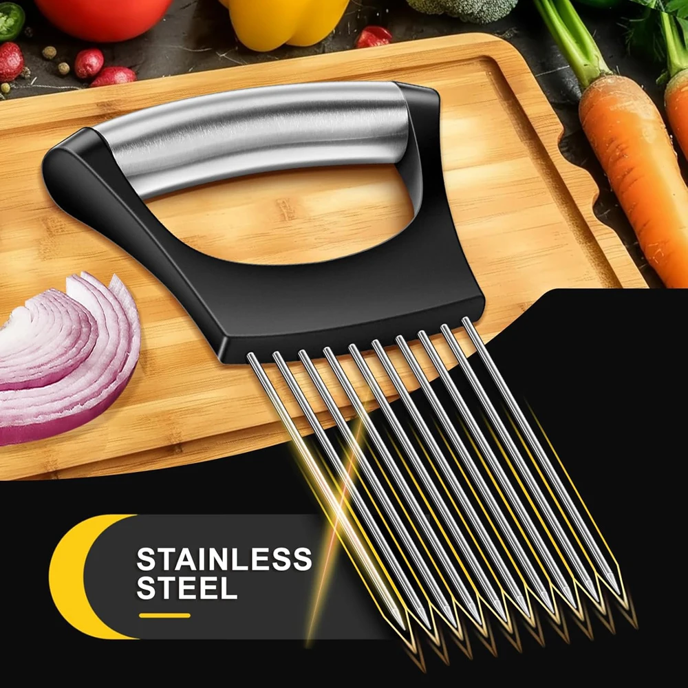 1pc Stainless Steel Onion Slicer Holder Tomato Slicer Holder Multipurpose Meat Tenderizers Kitchen Gadgets Assistant Slicer Tool