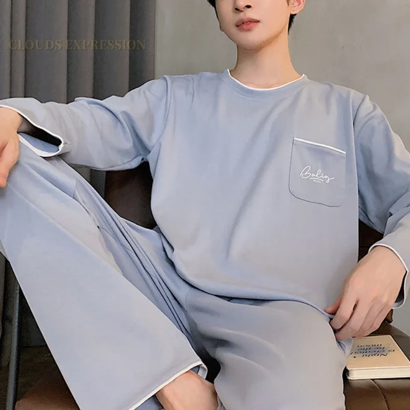 Frühling Herbst Sportliche Gestrickte Lange Ärmeln männer Pyjamas Sets Männlichen Pyjama Set Brief Pyjama Für Männer Nachtwäsche Anzug homewear 3XL