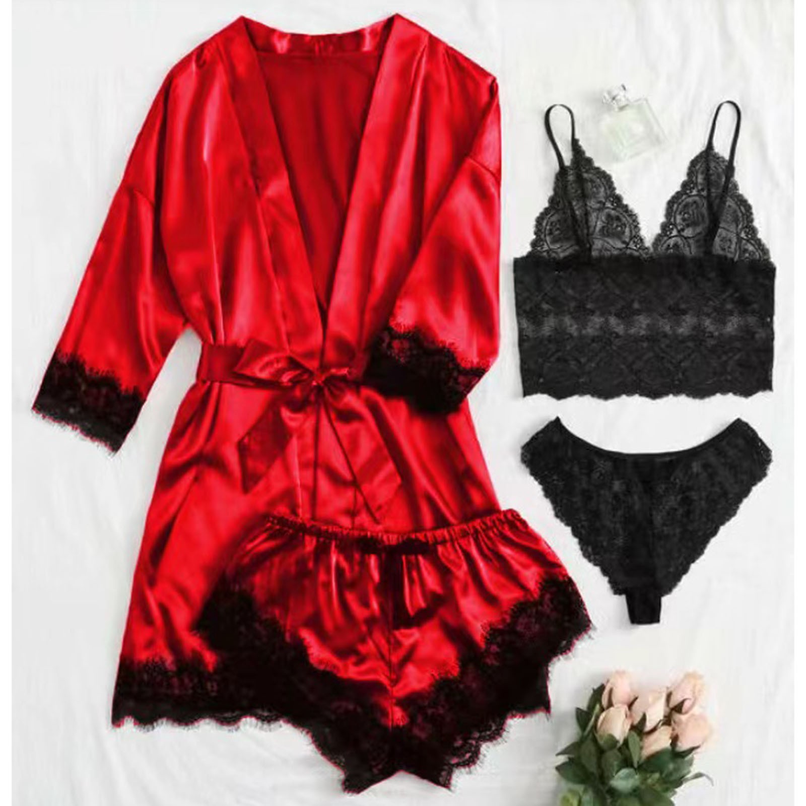 Damen-Pyjama-Set aus Seidensatin, 4-teilig, Dessous, florale Spitze, Nachtwäsche mit Robe, Nachthemd, lang