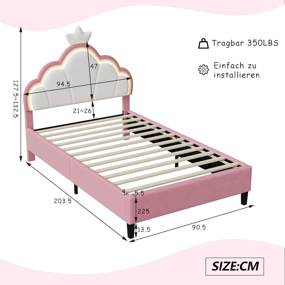 Cama individual para niños acolchada regulable en altura de princesa rosa 90x200 con cabecero de corona LED