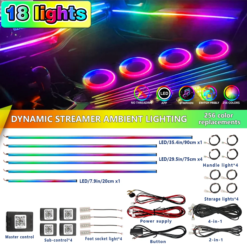 Luz ambiente universal 18 em 1 para acessórios de carro, tira de néon rgb, cores completas, decoração, kit de iluminação atmosférica por aplicativo