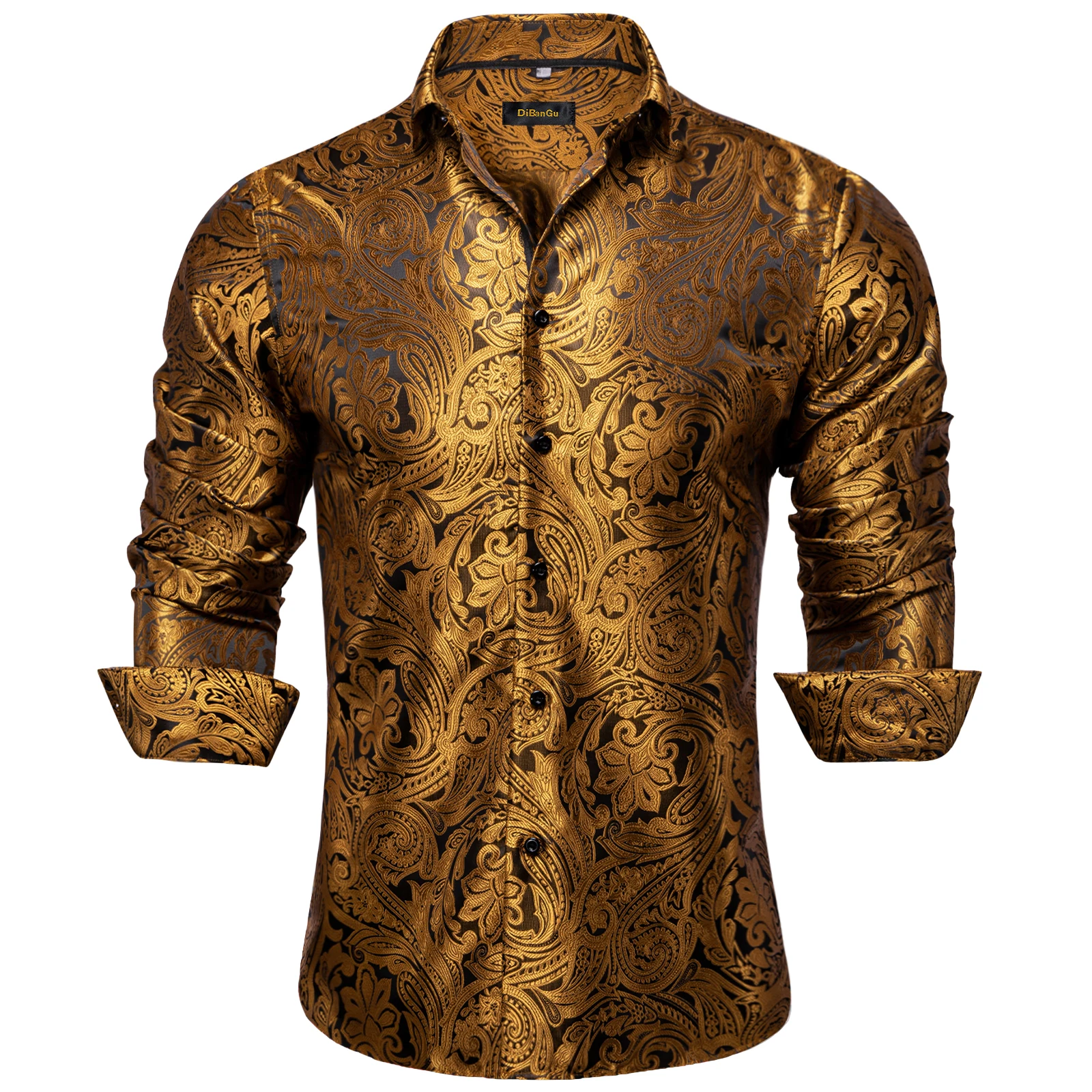 Vàng Họa Tiết Paisley Lụa Áo Sơ Mi Nam Tay Dài Cao Cấp Thương Hiệu Tuxedo Tiệc Cưới Nam Quần Áo DiBanGu