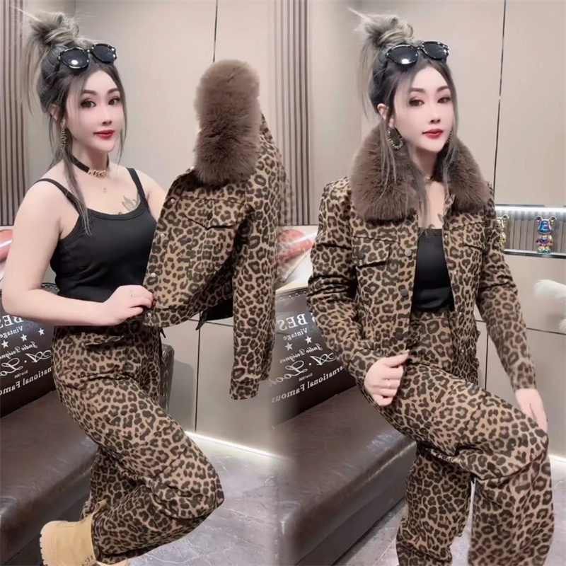 Setelan pakaian wanita kerah bulu longgar, set jaket celana panjang, pakaian wanita kerah bulu longgar, setelan dua potong, motif macan tutul, mantel musim gugur, musim dingin, baru, 2025