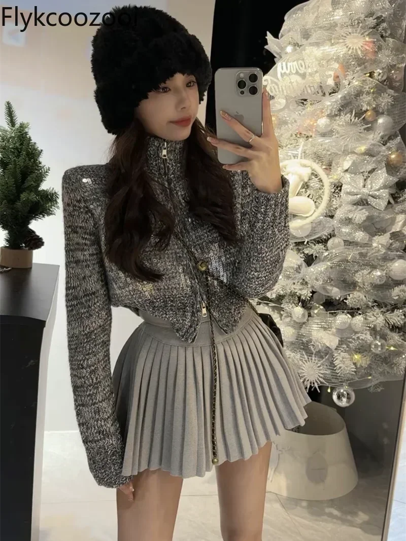 Pull en tricot à paillettes pour femmes, nouvelle mode automne et hiver, tempérament, taille haute, jupe plissée amincissante, ensemble en Tweed