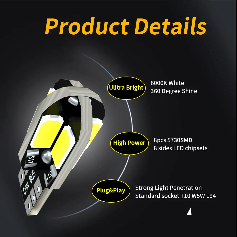 20 stks/pak T10 5730 8SMD Canbus Led-lampen W5W 192 194 168 501 2980CW 12 V Super Heldere Witte Auto-interieur Kaart Dome Parkeerlichten