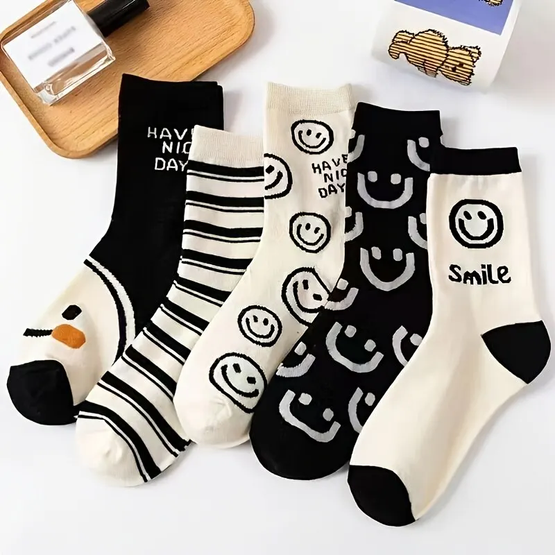 5 Paar fröhliche Crew-Socken, atmungsaktive Baumwoll-Mittels ch lauch-Socken, Damen strümpfe und Strumpfwaren