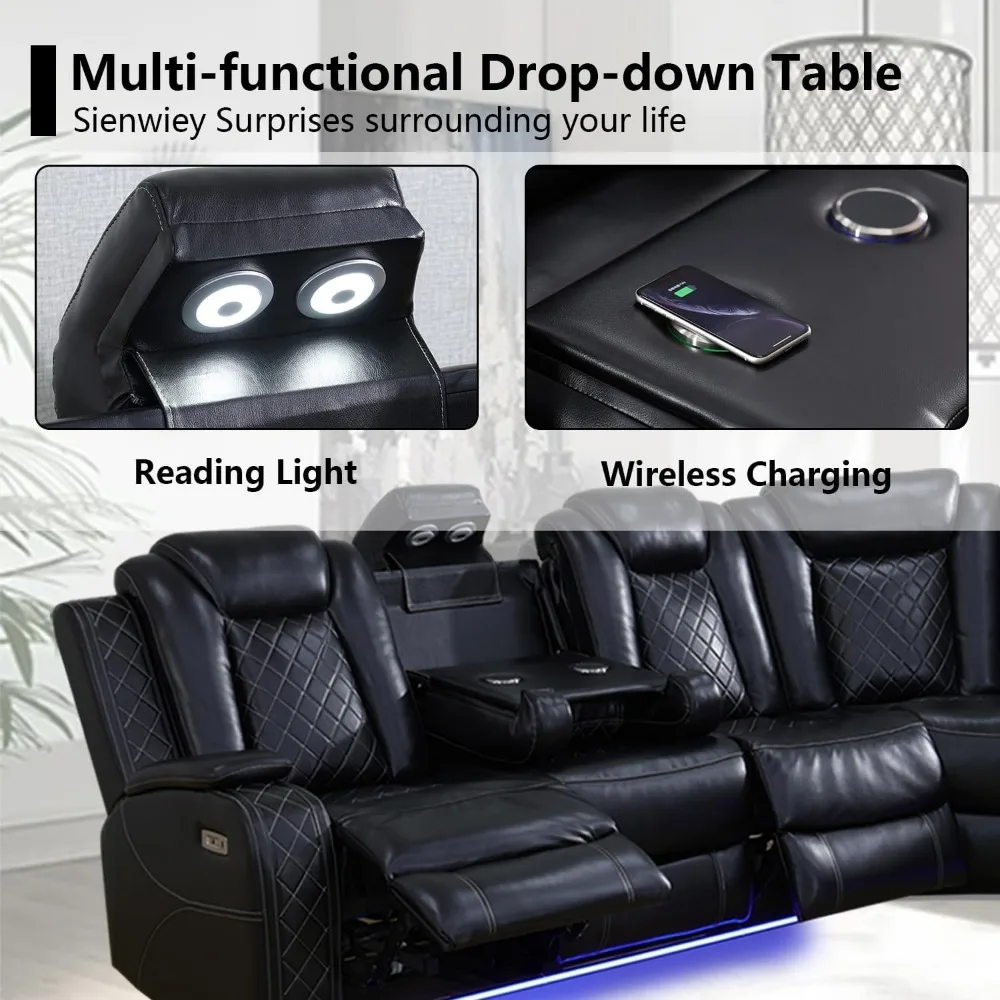 recliner.Black Leather Power Reclining Sectional Sofa，Sectional Couch with Recliner Living Room Set with LED Light/Read