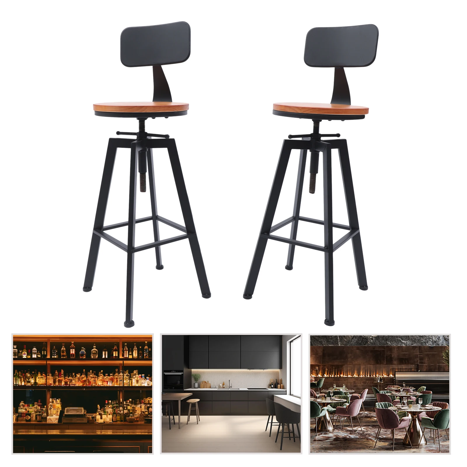 Sgabello da bar retrò da 2 pezzi con schienale Sedia vintage in legno regolabile nera per bar