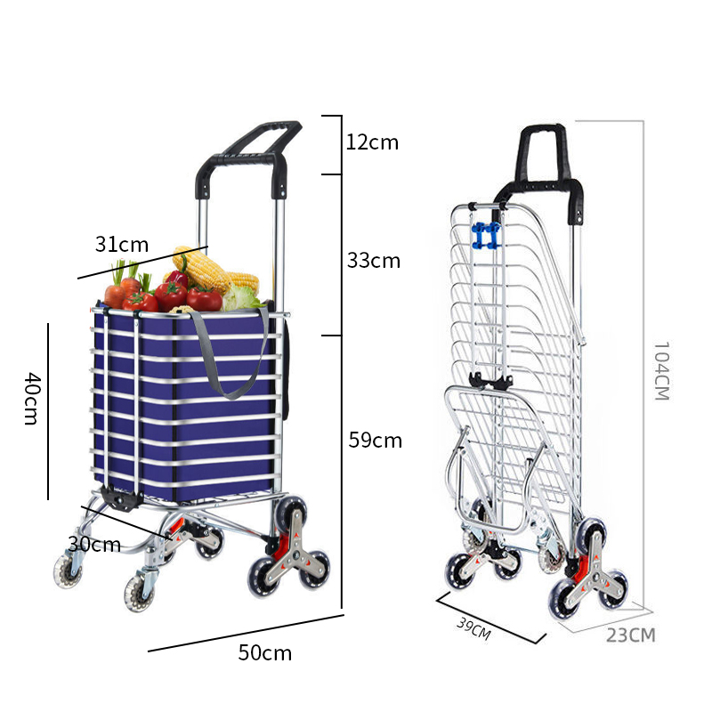 Folding carrinho com haste telescópica, liga de alumínio, leve, Step Climbing Trolley, portátil, grande capacidade, carrinho de mercearia, 35L