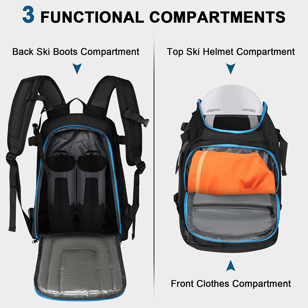 Bolsa para bota de esqui de viagem, mochila 50l de grande capacidade à prova d'água para botas de snowboard, capacete, óculos, pendurar esquis, separação seca e molhada