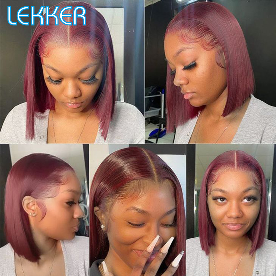 Lekker สั้นตรง Bob 13x1 T ลูกไม้ด้านหน้า 100% ผมมนุษย์ Wigs สําหรับผู้หญิงบราซิล Remy ผม 99j Burgundy สีแดงสี Bob วิกผม