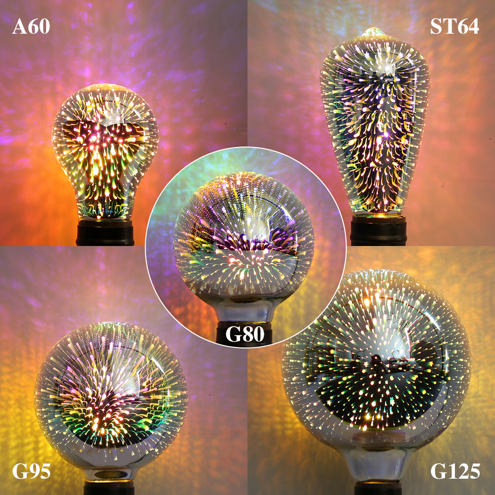 3D 다채로운 장식 LED 전구 E27 레트로 램프 빈티지 에디슨 LED 전구 ST64 A60 G80 G95 G125 하트 크리스마스 야간 조명