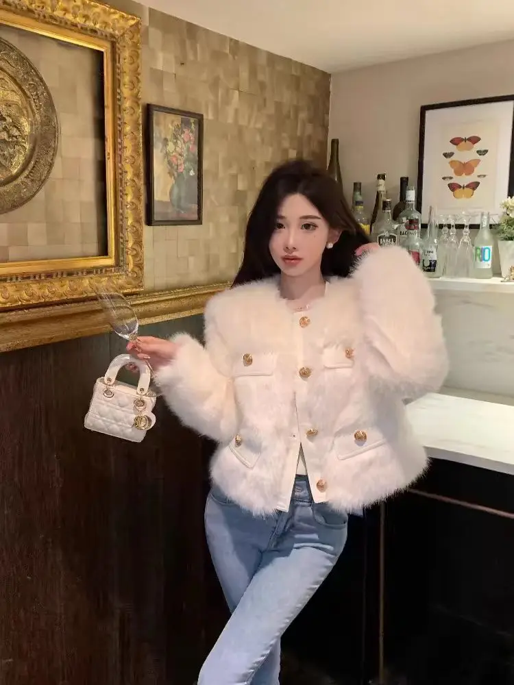 Jaqueta de Pele de Cordeiro Fena Outono Inverno Casaco de Pele e Couro Inteado Simulação de Pele Luxuosa Estilo Pequ...