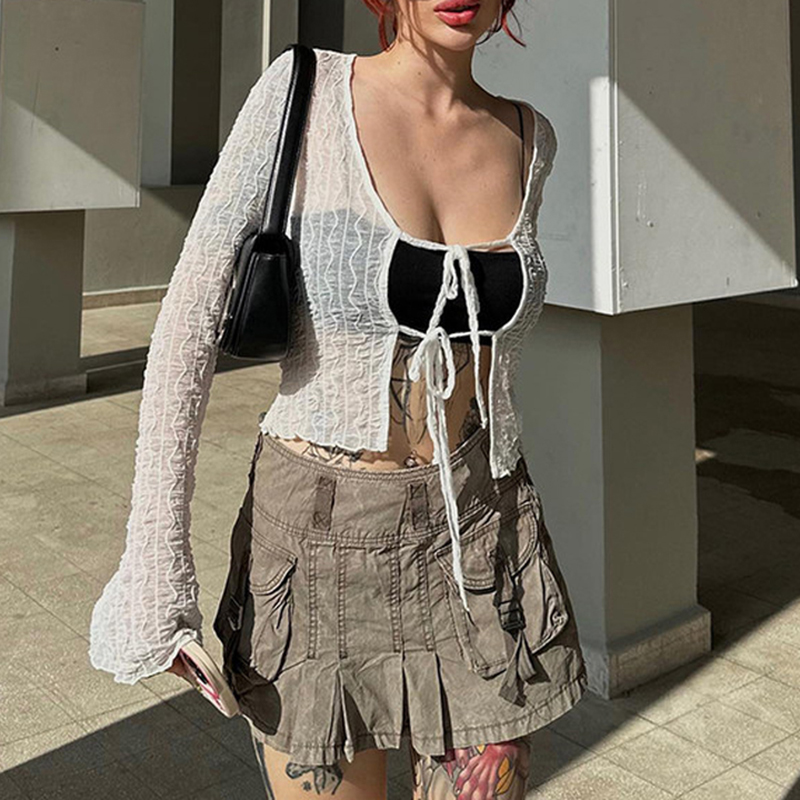 Goth Dark Folds Mall blusas góticas con cordones para mujer, blusas Sexy Grunge Y2k Fairycore, camisetas de manga larga, Tops ajustados transparentes a la moda