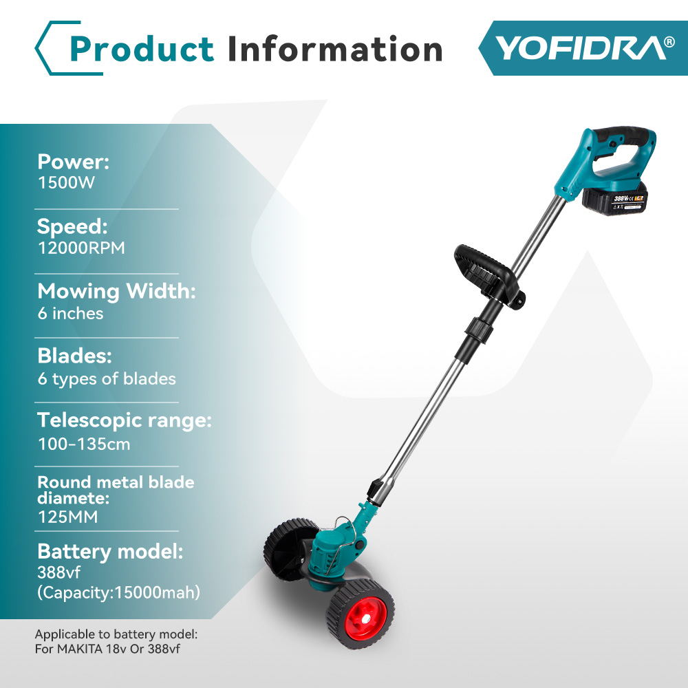 YOFIDRA 100-135cm Electric Lawn Mower Foldable Trimmer Pruning Cutting Garden Power Tool For 21V 18V Battery With 2 Battery
