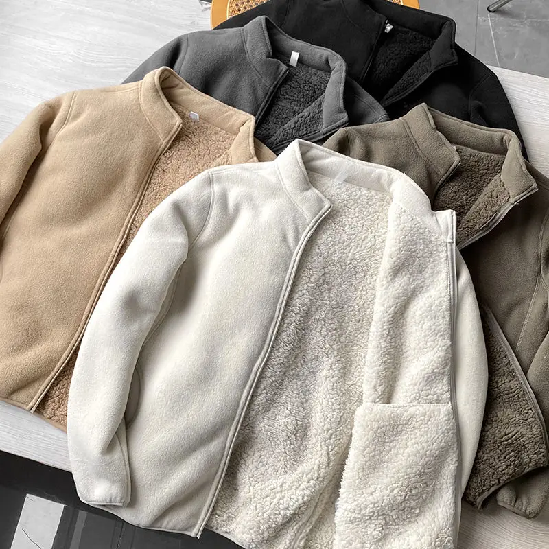 Winter Fleece Jacke einfarbig Sherpa Freizeit mantel dicken warmen Stehkragen Reiß verschluss Outdoor Wind break Jacke weich bequem