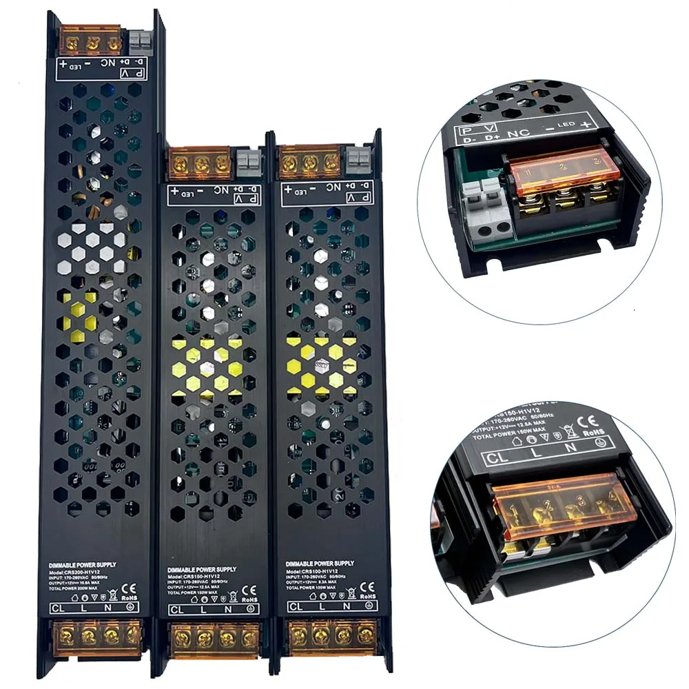 DC12V/24V 60W 100W 150W 200W 250W 300W Controlador LED regulable Triac de aluminio y fuente de alimentación de atenuación de 0-10V transformador de iluminación