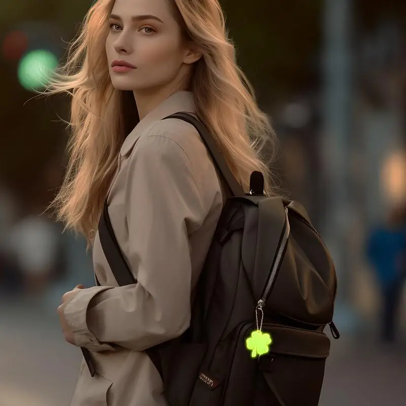 10 ชิ้น Four Leaf Clover กระเป๋าเป้สะพายหลังสะท้อนแสงจี้กันน้ําความปลอดภัย Reflector จี้น้ําหนักเบากระเป๋าเครื่องประดับความปลอดภัย Key Chain