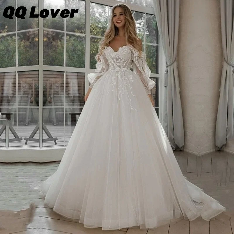 Abiti da sposa personalizzati con spalle scoperte in pizzo glitter 2025 Manica lunga a sbuffo Fiori 3D Boho Abito da sposa Abiti da sposa