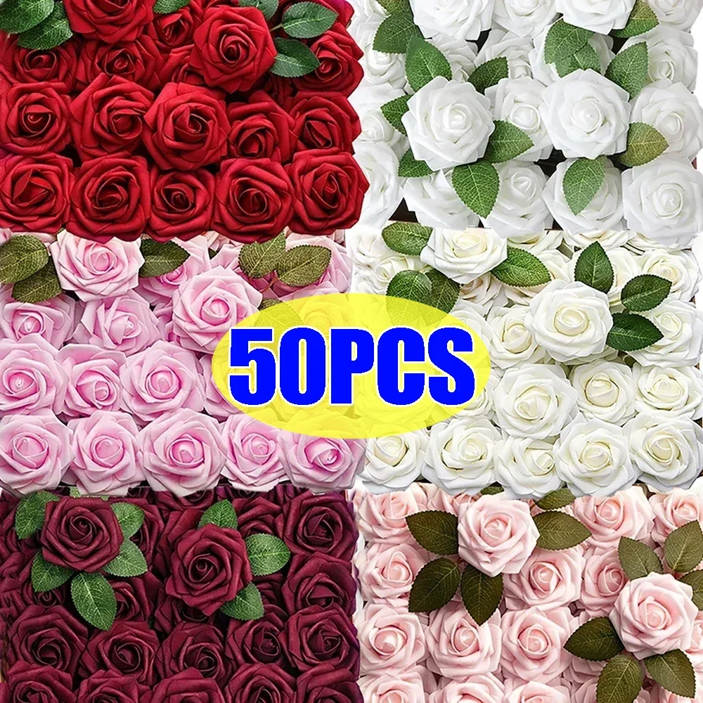 5-50 Uds. De rosas artificiales, cabezas de rosas falsas de espuma con tallos para ramos de boda DIY, suministros de decoración para mesas de fiesta en casa
