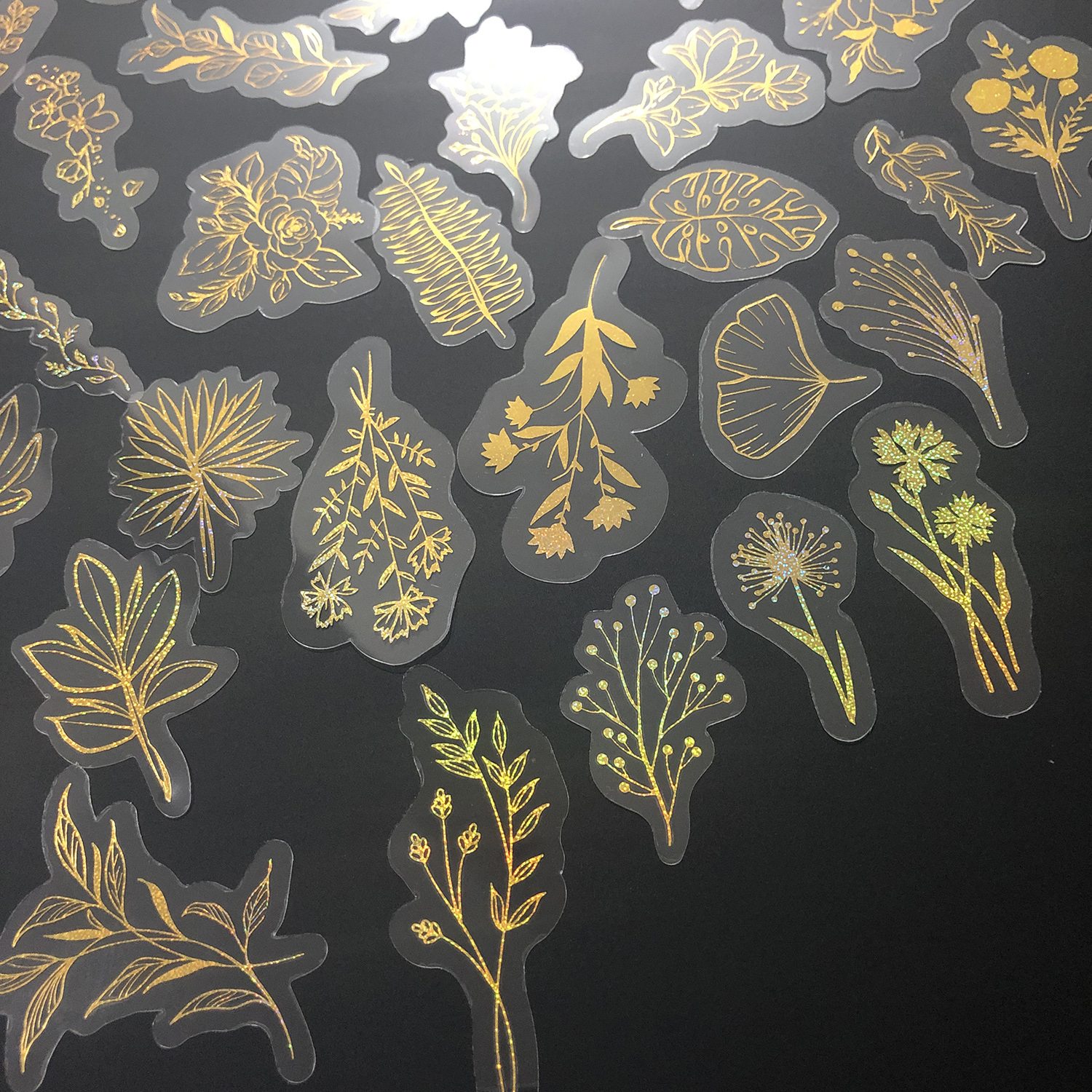 80 ชิ้น Glitter Gold สติกเกอร์ดอกไม้, กันน้ําโปร่งใสสติ๊กเกอร์ตกแต่ง, สัตว์เลี้ยงกาวสติกเกอร์ป้าย