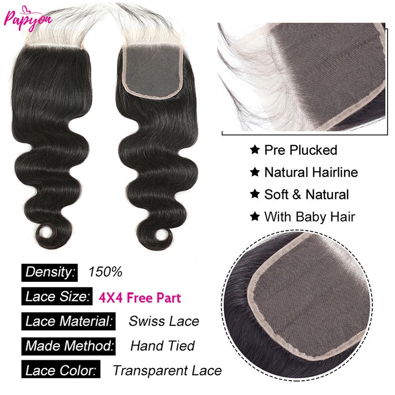 Pacotes de cabelo humano com fechamento 5x5 pacotes de onda do corpo brasileiro com fechamento 4x4 extensões tecer cabelo humano 3/4 pacotes remy
