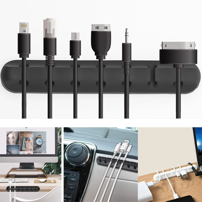 Auto-adesivo Cabo Winder, Suporte de Carregamento USB, Fio Envolvido Cabo, Organizador Da Mesa, Material de Escritório, Desktop, 3, 5, 7 Clips